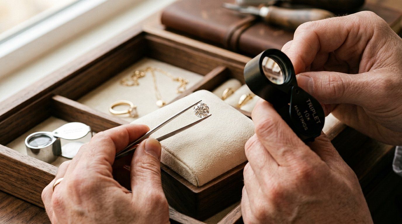 Gemologist inspecting a brilliant cut diamond with a jeweller's loupe