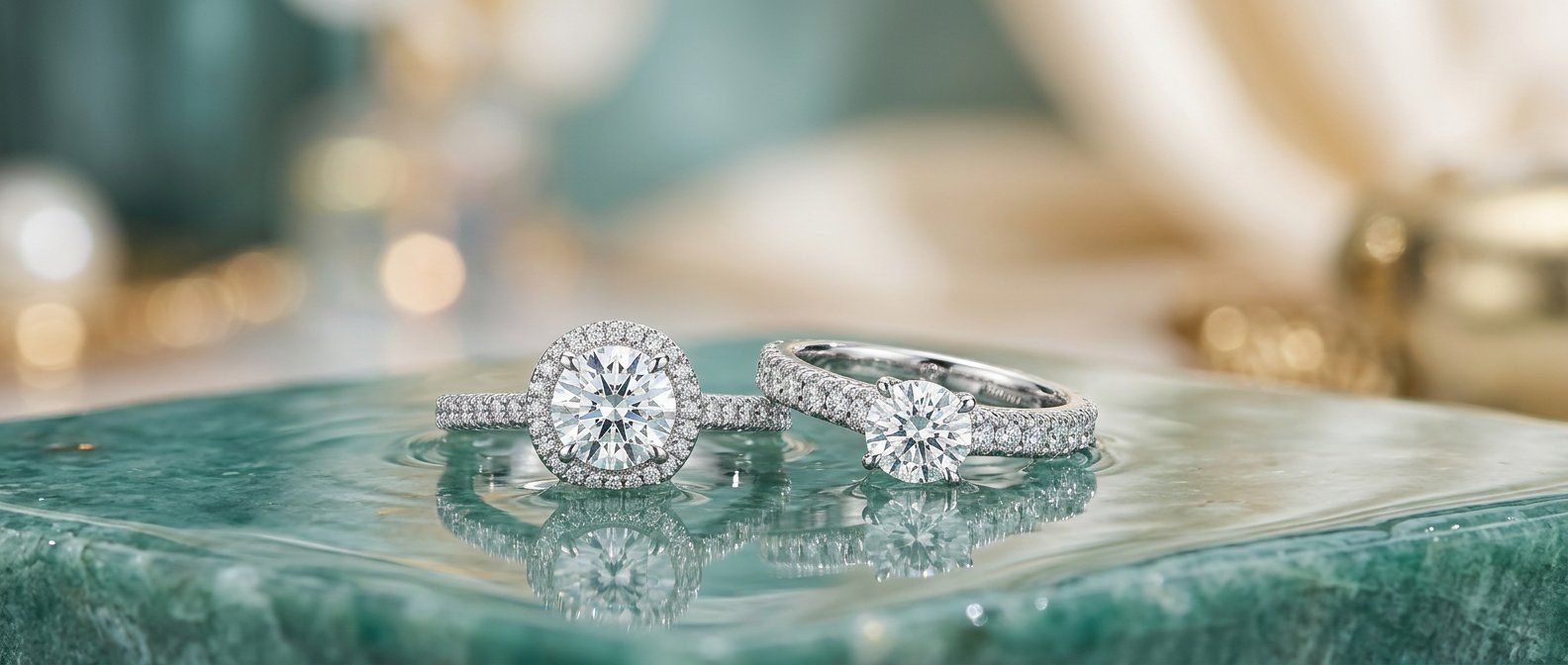 Two diamond pavé engagement rings resting on a polished teal surface